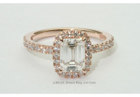 Emerald cut stone in cushion none cathedral halo, 14k rose gold