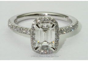 Emerald cut stone in cushion halo, cathedral band, platinum