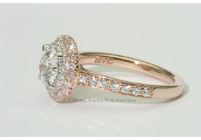 Two tone double halo with cathedral bead set band. 18k rose gold with inner platinum halo