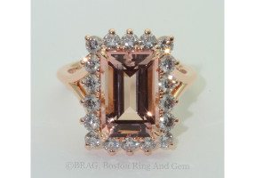 Emerald cut Morganite set in 18k prong set halo on cathedral split band