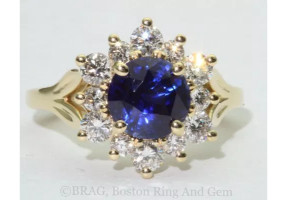 Sapphire & diamond flower ring set on 18k yellow gold leaf split band ring