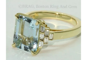 Emerald cut Aqua and diamond baguette Art deco ring set in 18k yellow gold
