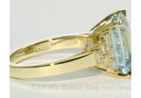 Emerald cut Aqua and diamond baguette Art deco ring set in 18k yellow gold