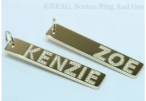 Custom, personalized gold and diamond name bar pendants