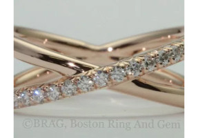 18k rose gold with French cut set diamonds crisscross ring